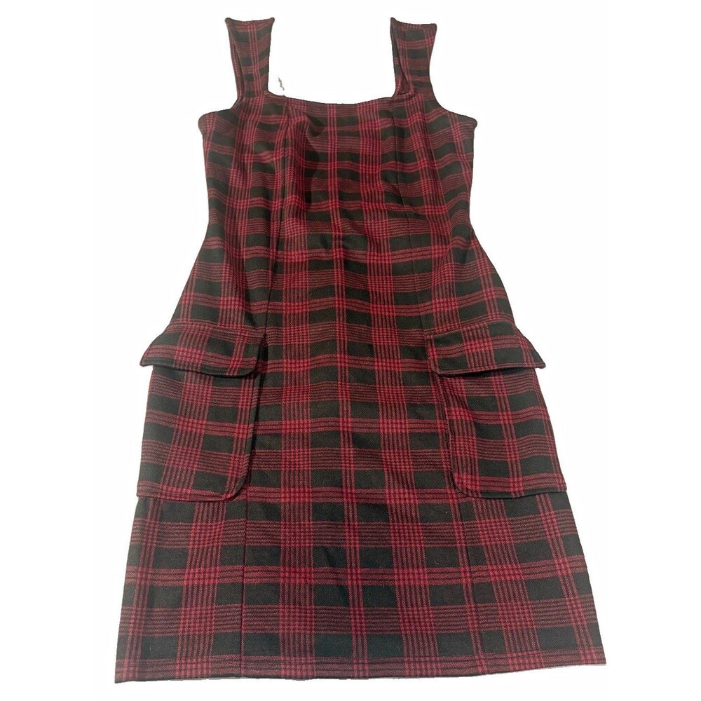 Haley & Jane Red/Black Plaid Mini Dress Square Neck Sleeveless Pockets Zip M